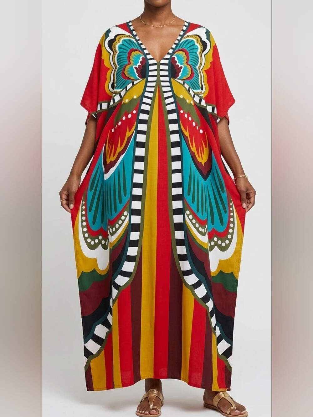 Bold Boho Butterfly Print V-Neck Kaftan Maxi Dress - Red Multi - One Size - NWT!